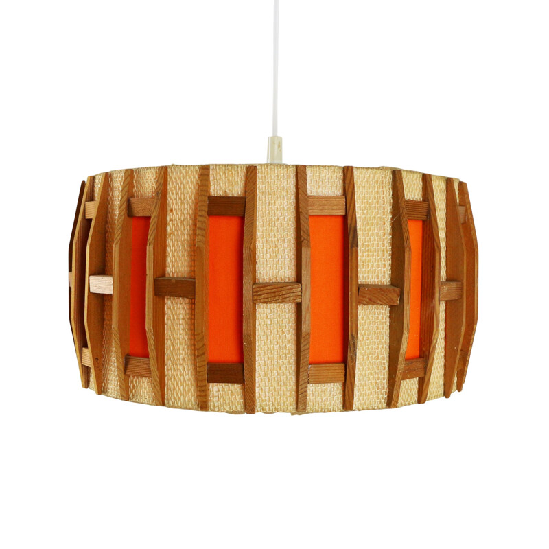 Vintage Scandinavian hanging lamp in wood and natural jute