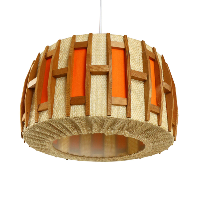 Vintage Scandinavian hanging lamp in wood and natural jute