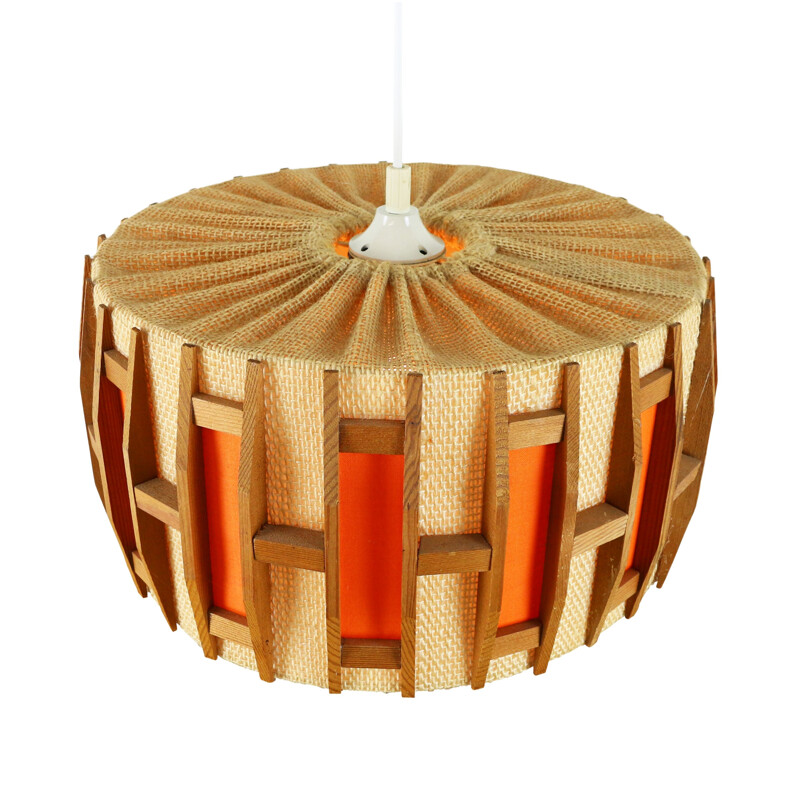 Vintage Scandinavian hanging lamp in wood and natural jute