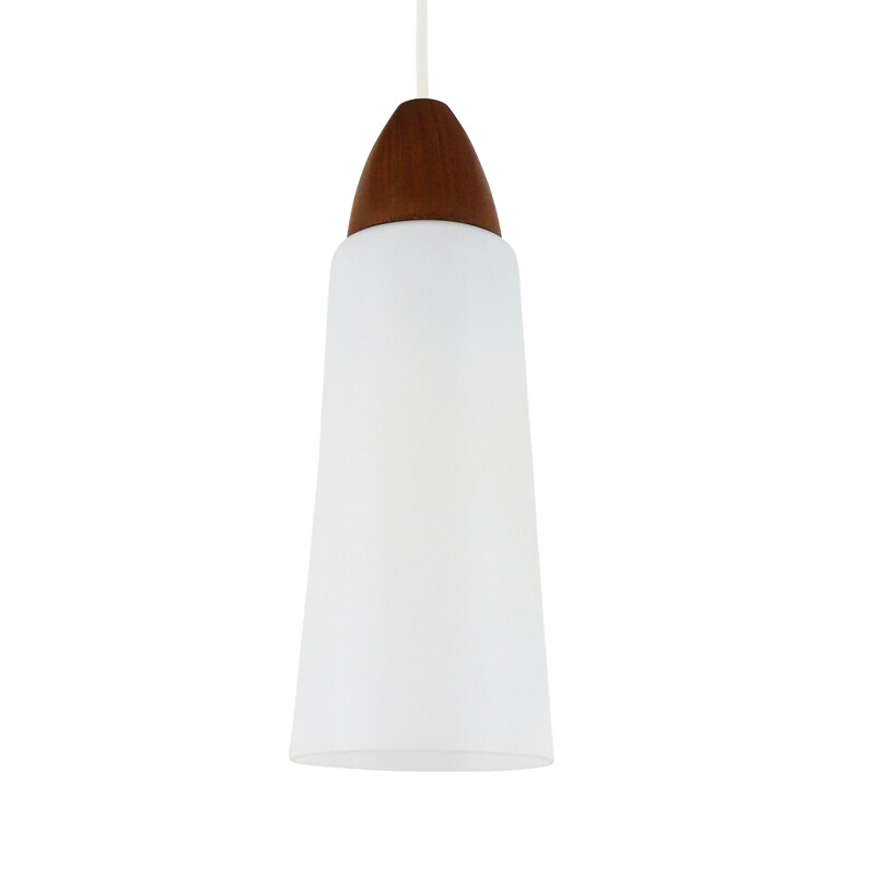 Vintage milk glass and wood pendant light 1960s