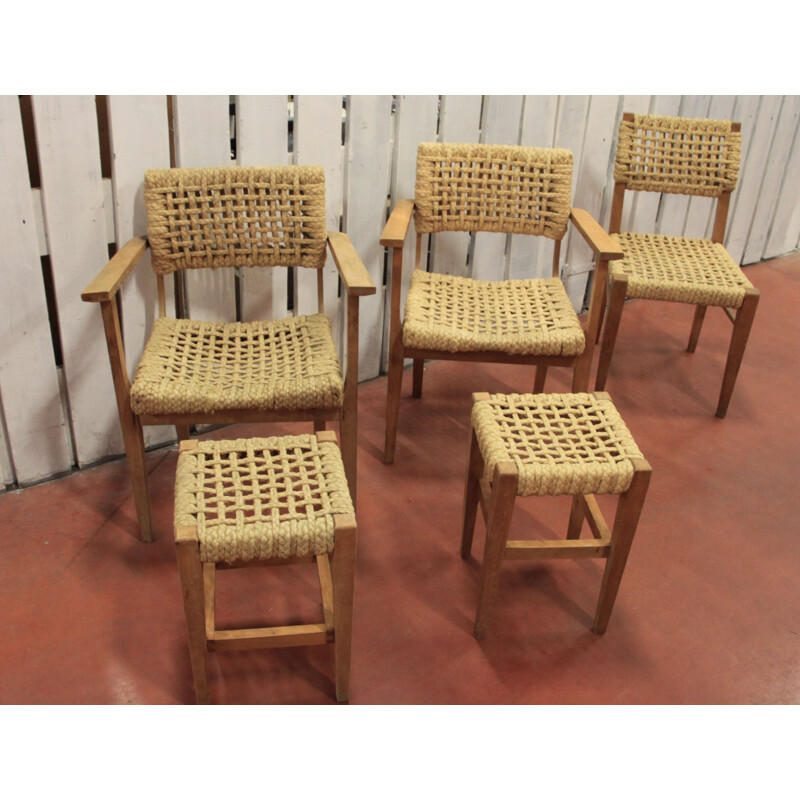 Set of 3 chairs and 2 stools by Audoux-Minet