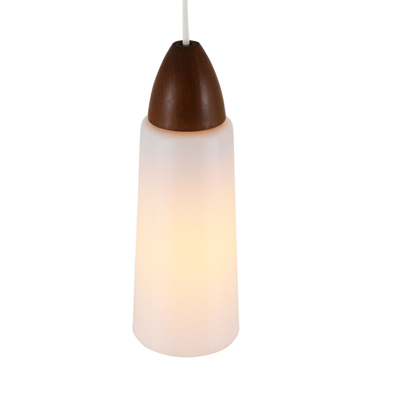 Vintage milk glass and wood pendant light 1960s