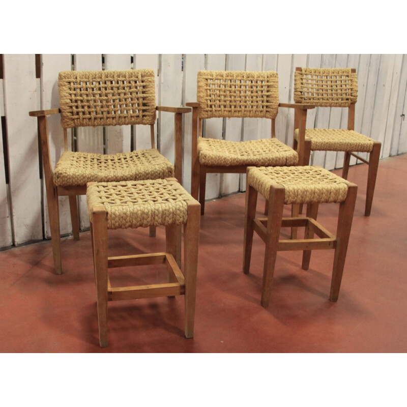 Set of 3 chairs and 2 stools by Audoux-Minet