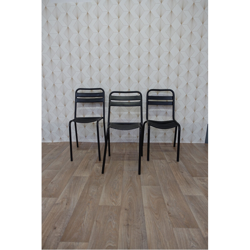 Ensemble de 3 chaises vintage Tolix noires en métal 1950