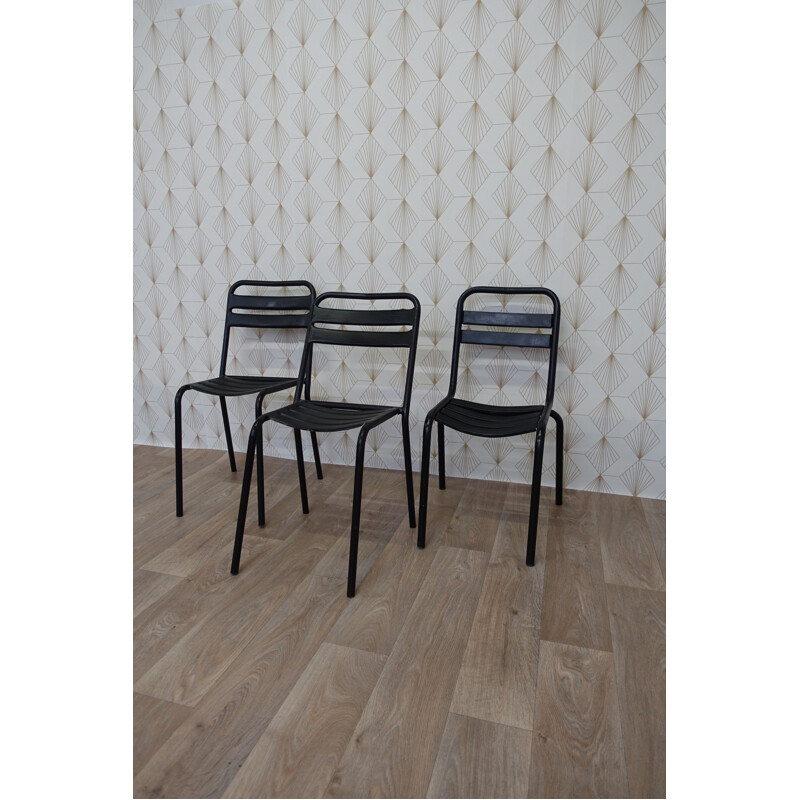 Set of 3 vintage black Tolix chairs in metal 1950