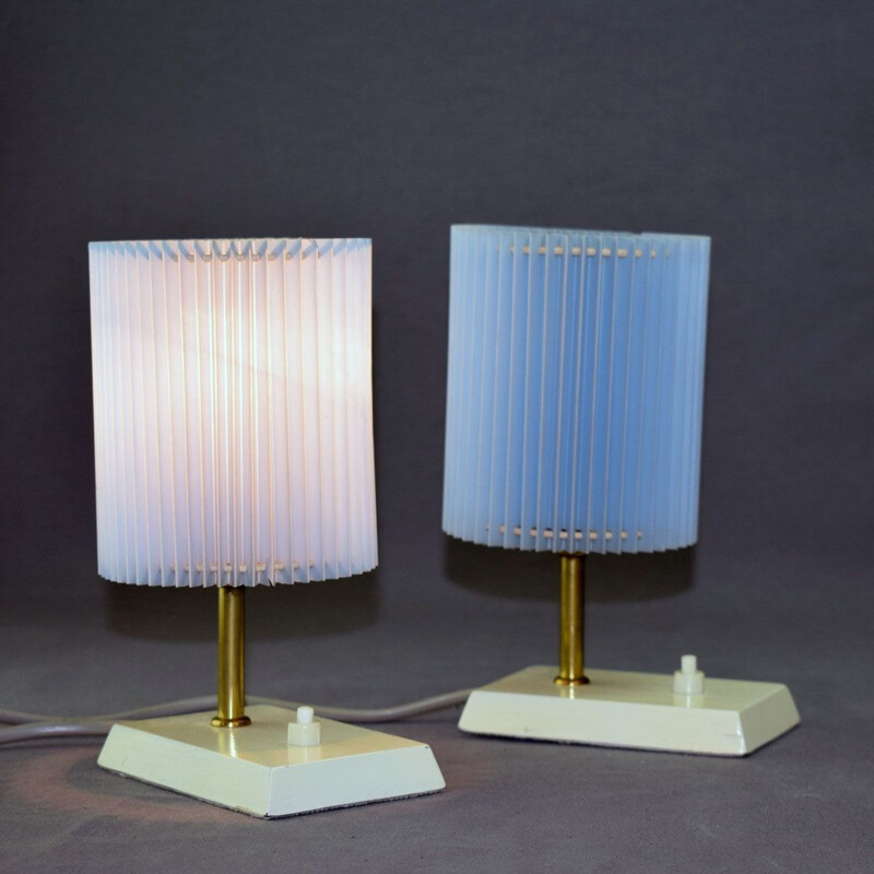 Paire de lampes vintage bleues allemandes en bois et laiton