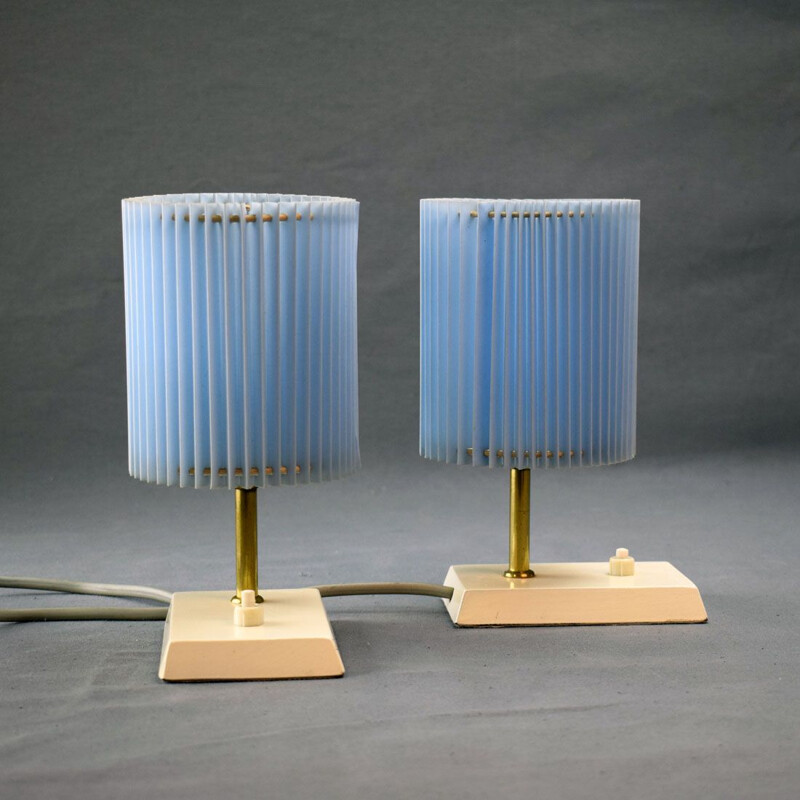 Paire de lampes vintage bleues allemandes en bois et laiton