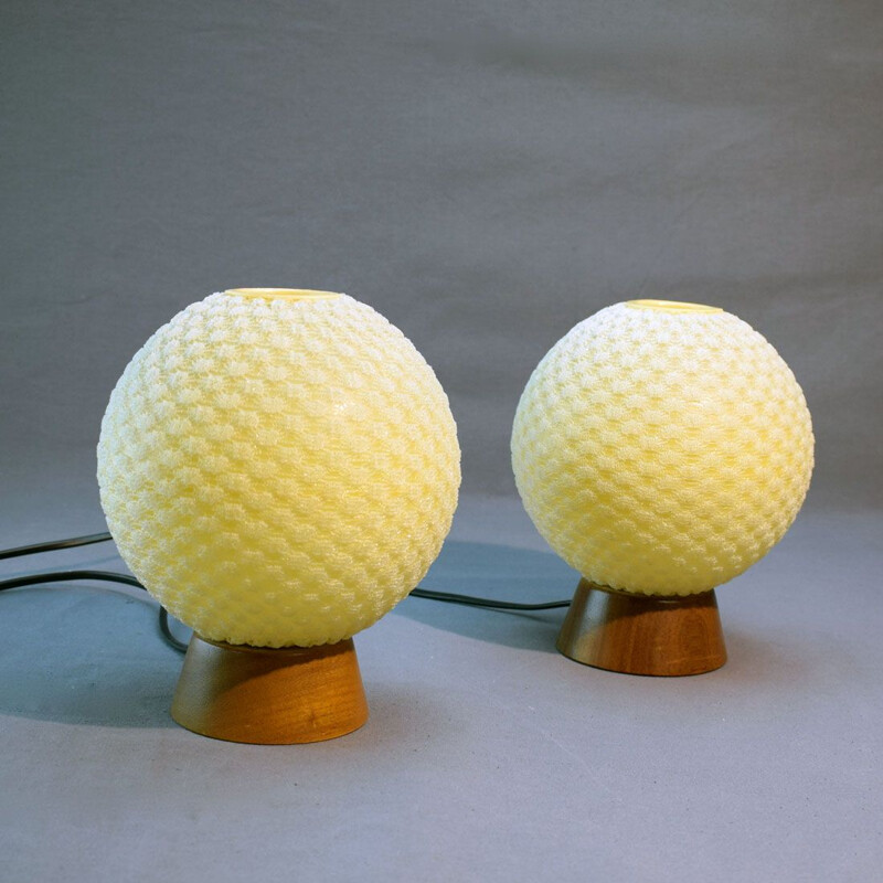 Pair of vintage Cocoon lamps by Temde in teak and glass fiber
