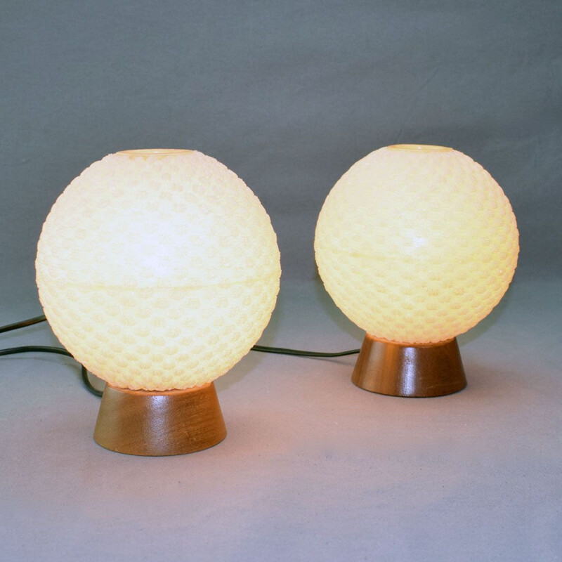 Pair of vintage Cocoon lamps by Temde in teak and glass fiber