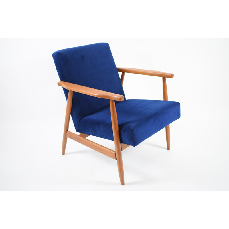 Vintage teak and dark blue fabric armchair 1960