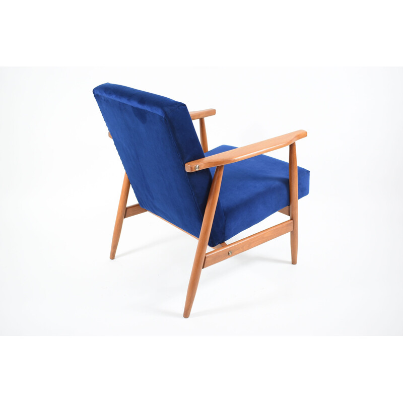 Vintage teak and dark blue fabric armchair 1960