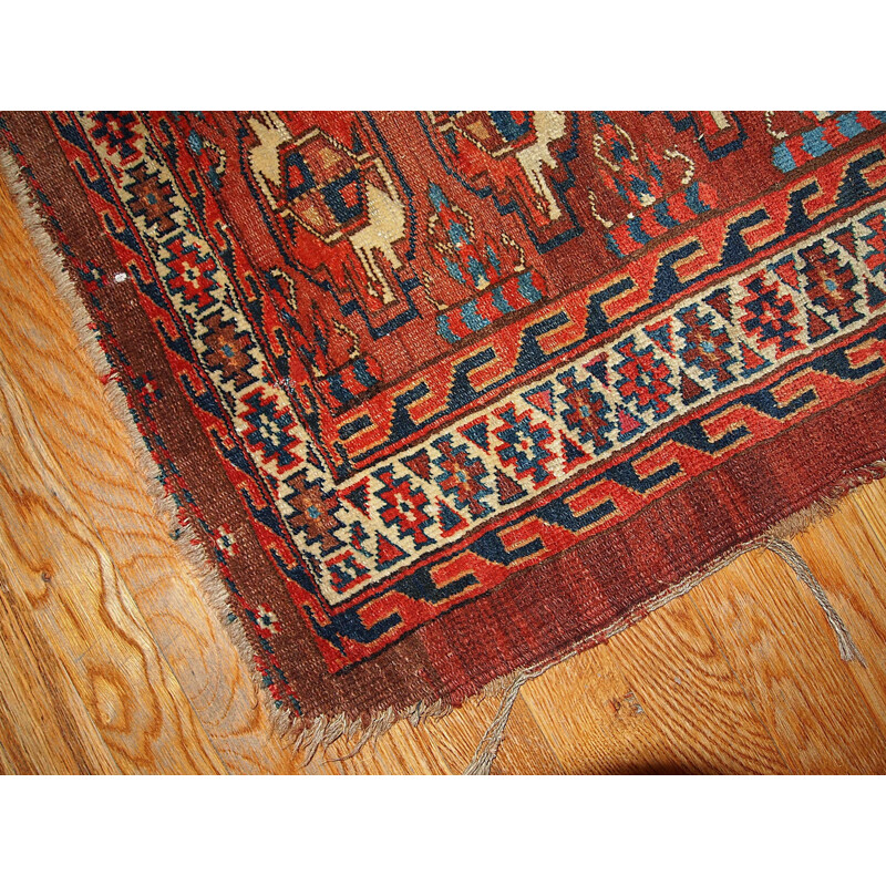 Tapis vintage Yomud artisanal turk en laine rouge