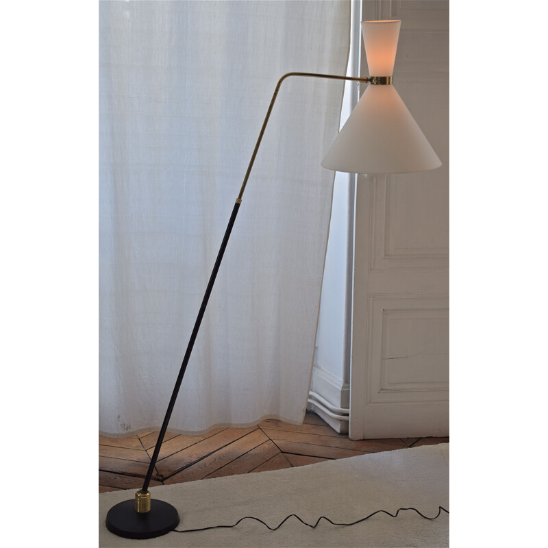 Vintage Lunel black floor lamp in metal and brass 1950