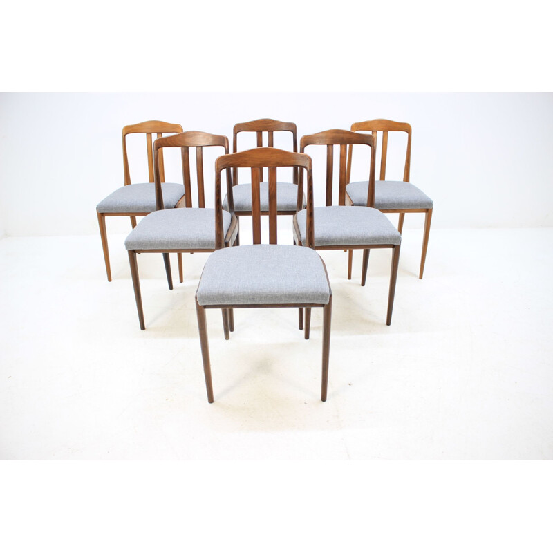 Set of 6 vintage scandinavian chairs in wood and grey fabric 1960