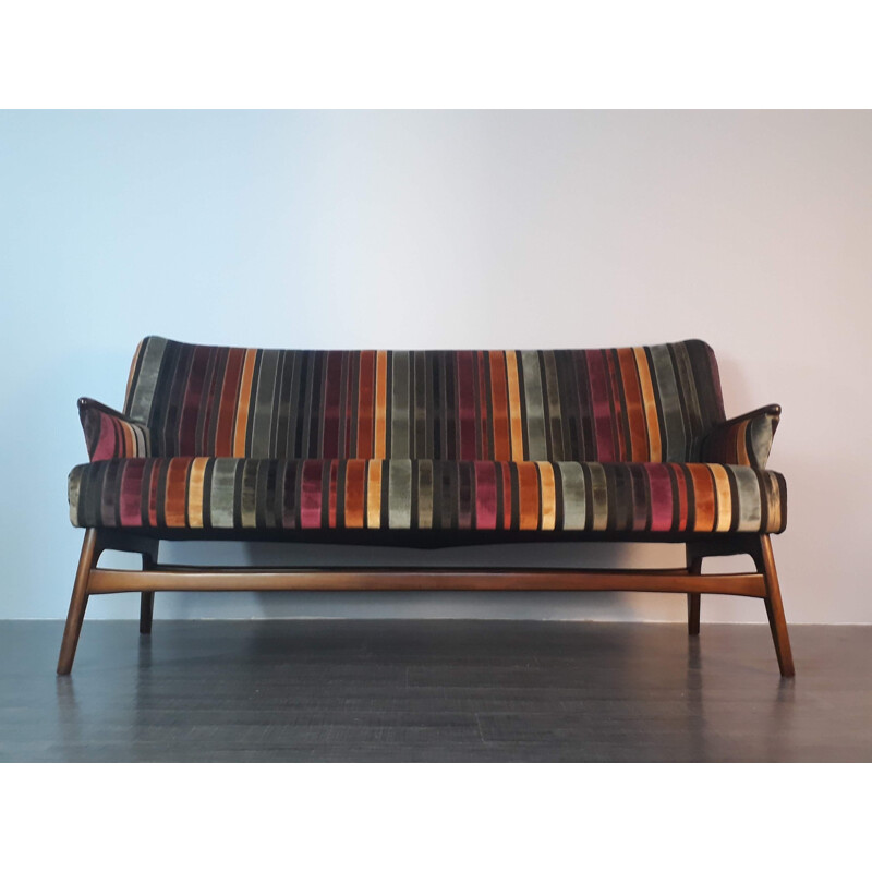 Vintage danish multicoloured sofa in teak and fabric 1950