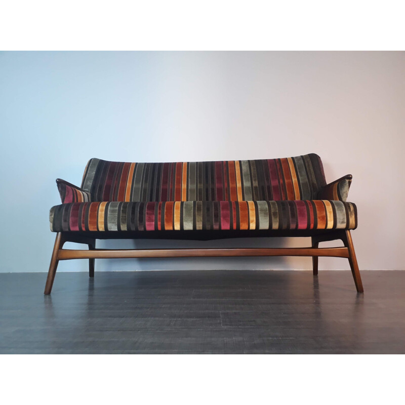 Vintage danish multicoloured sofa in teak and fabric 1950