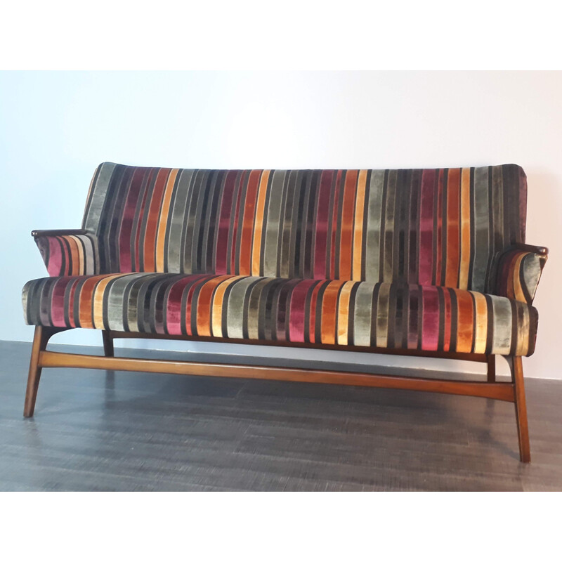 Vintage danish multicoloured sofa in teak and fabric 1950