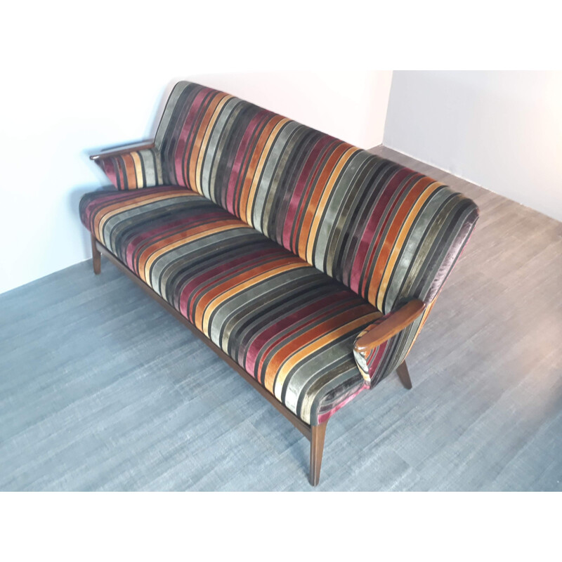 Vintage danish multicoloured sofa in teak and fabric 1950