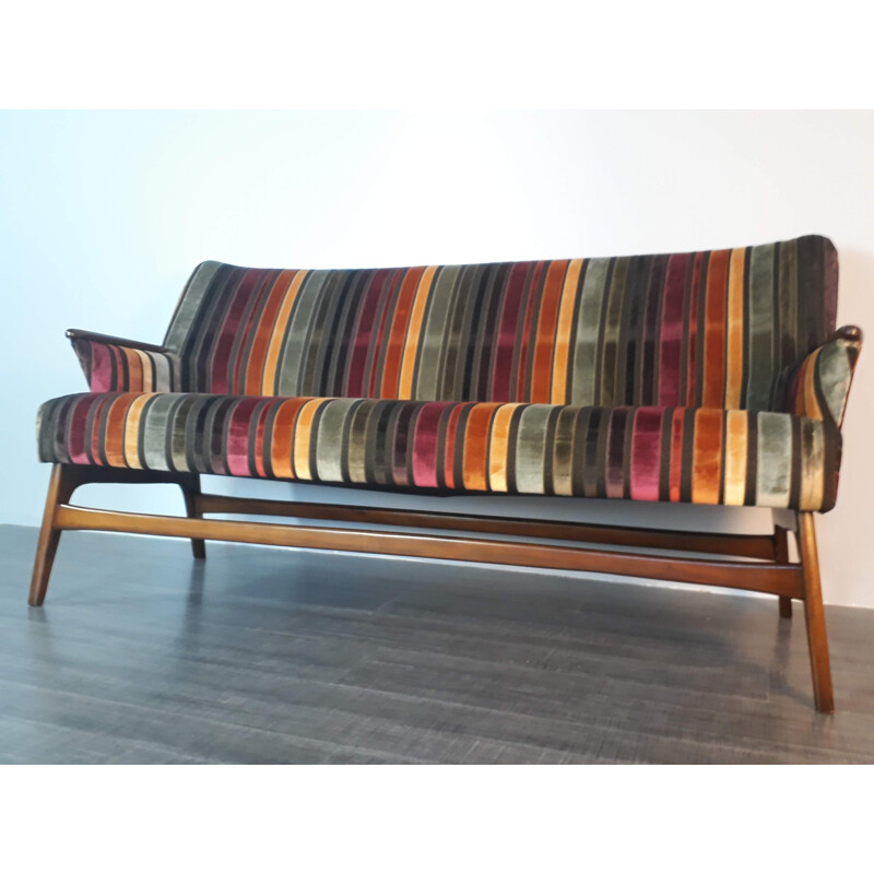 Vintage danish multicoloured sofa in teak and fabric 1950