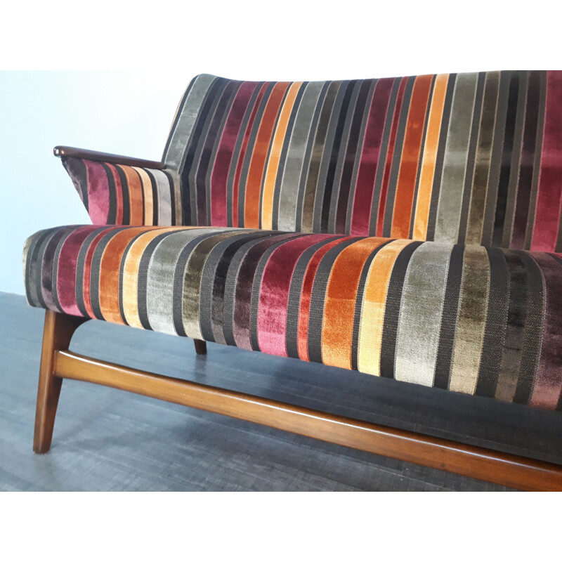 Vintage danish multicoloured sofa in teak and fabric 1950
