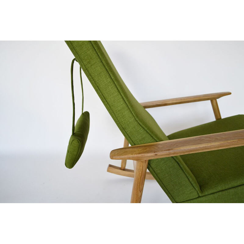 Vintage oak and green fabric rocking chair for Vilniaus Baldų Kombinatas