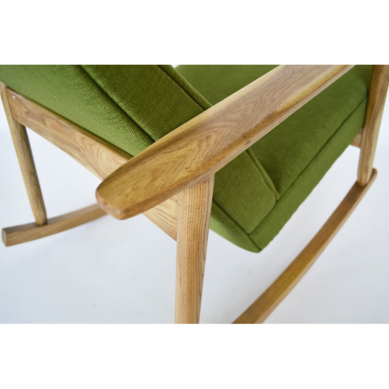 Vintage oak and green fabric rocking chair for Vilniaus Baldų Kombinatas