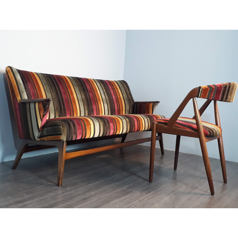 Ensemble de salon vintage scandinave canapé et 4 chaises en teck et velours