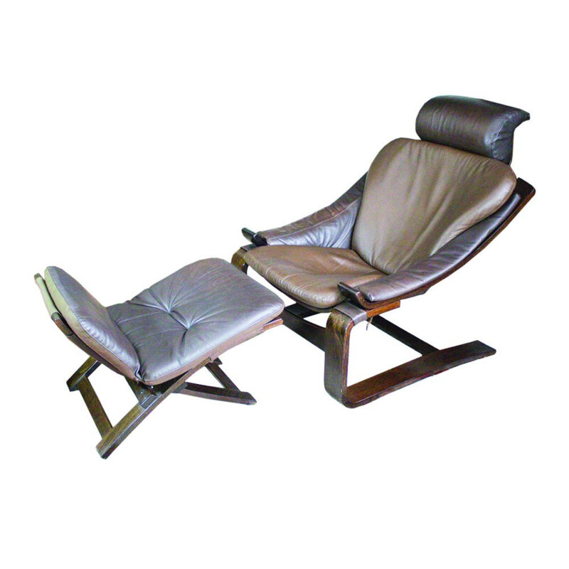 Vintage armchair in leather Kroken with footstool by Ake Fribytter for Nelo Möbel