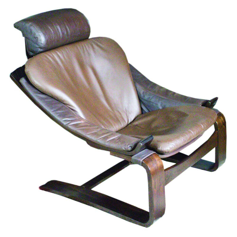 Vintage armchair in leather Kroken with footstool by Ake Fribytter for Nelo Möbel