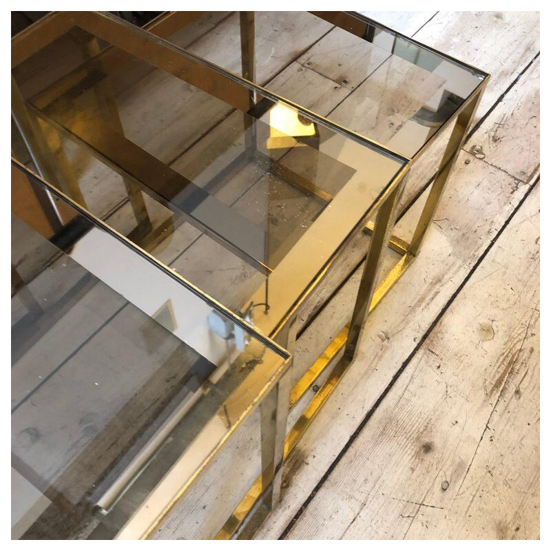 Set of 3 vintage Italian square modular brass nestings tables
