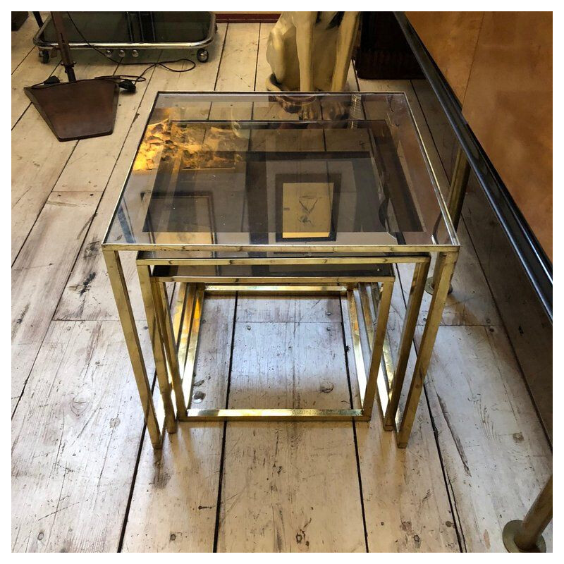 Set of 3 vintage Italian square modular brass nestings tables