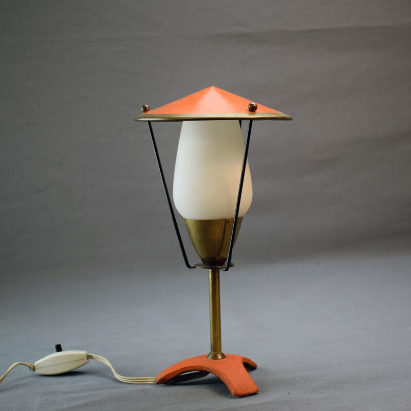 Lampe vintage en métal laqué rouge-orangé