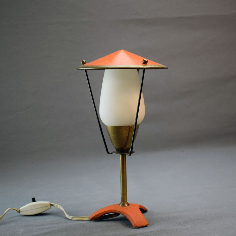 Vintage red-orange painted metal lamp