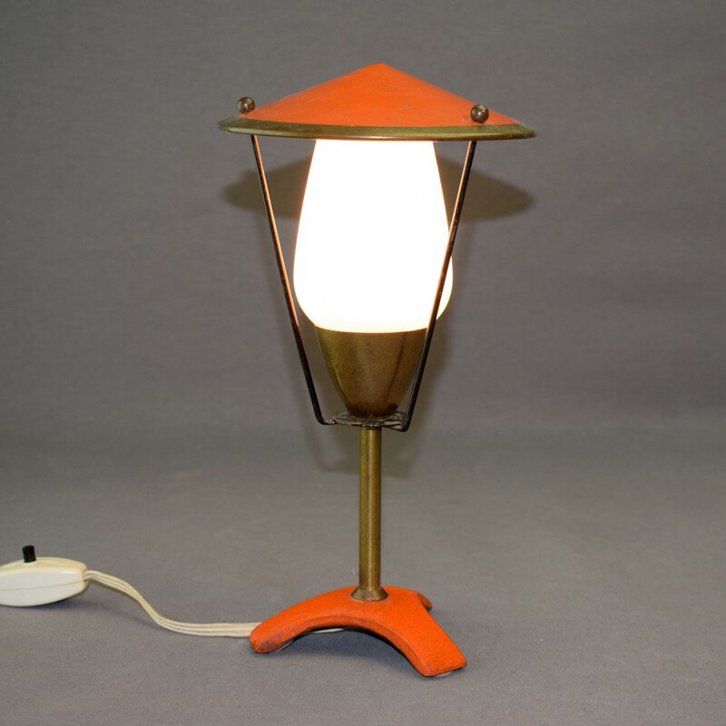 Vintage red-orange painted metal lamp