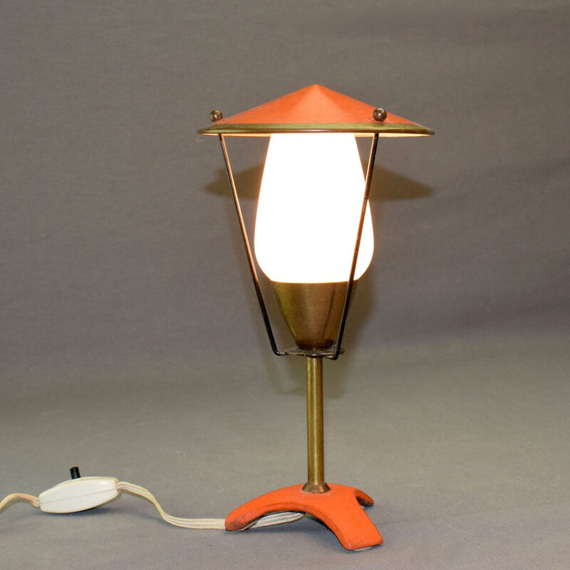 Lampe vintage en métal laqué rouge-orangé