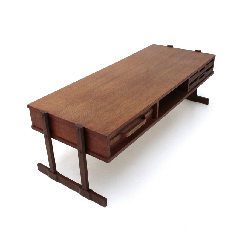 Table basse vintage avec tiroir et plateaux