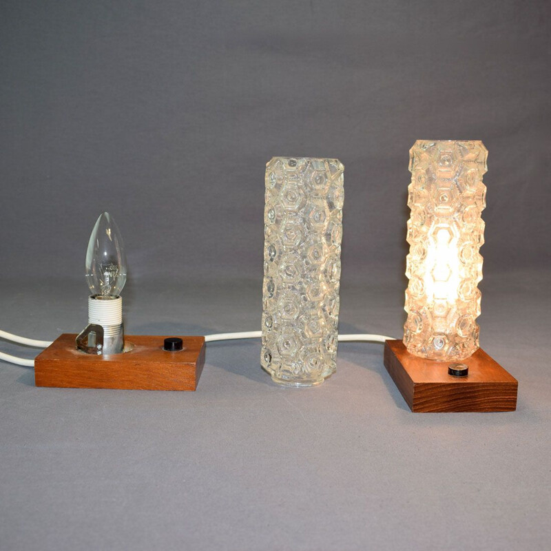 Set of 2 vintage lamp in teak and glass lamps