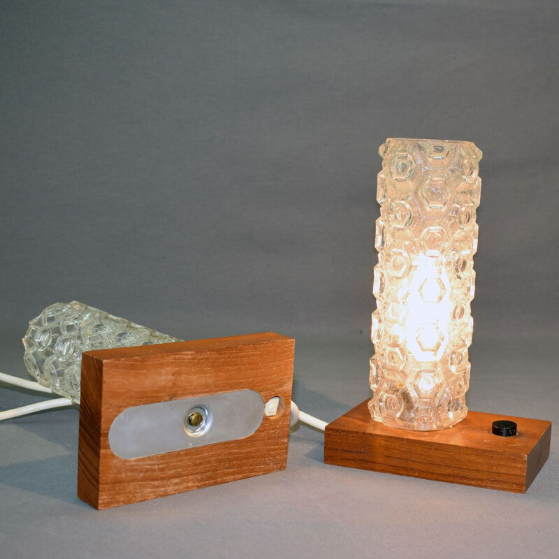 Set of 2 vintage lamp in teak and glass lamps