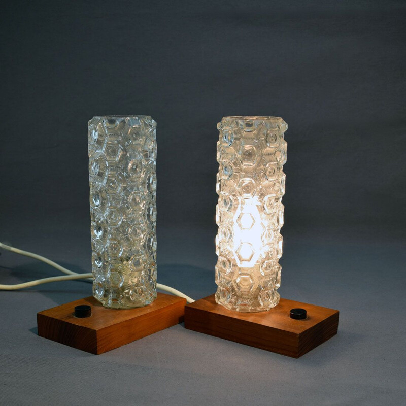 Set of 2 vintage lamp in teak and glass lamps