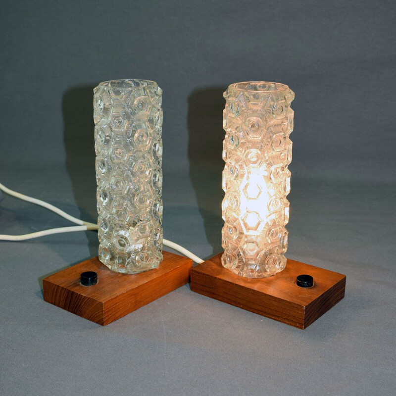 Set of 2 vintage lamp in teak and glass lamps