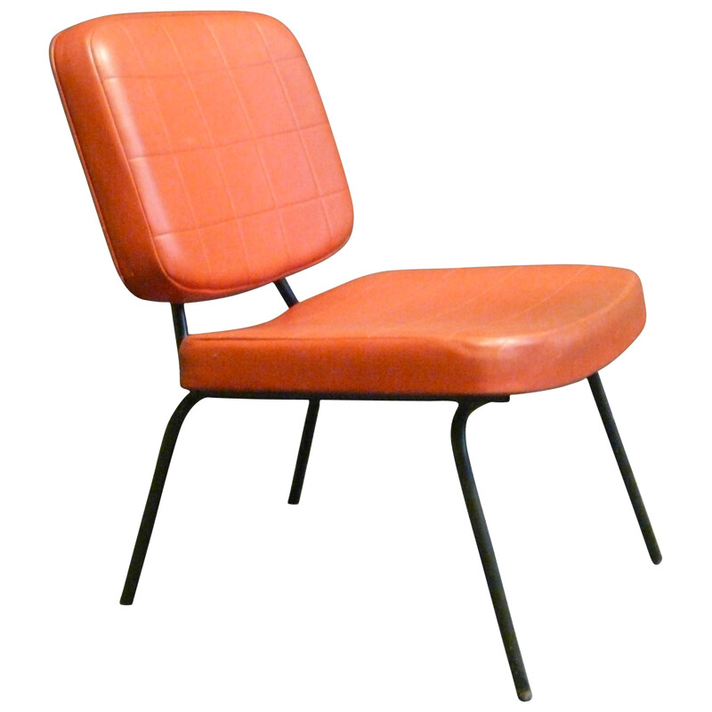 Low chair in metal and orange leatherette - 1950s