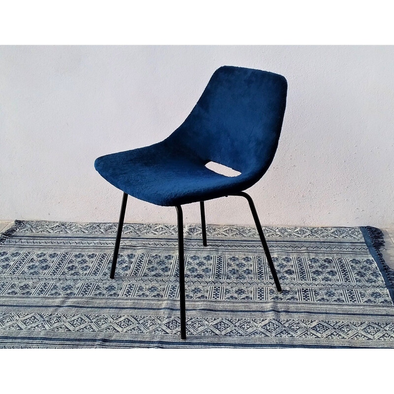 Vintage blue chair "tonneau" by Pierre Guariche for Steiner