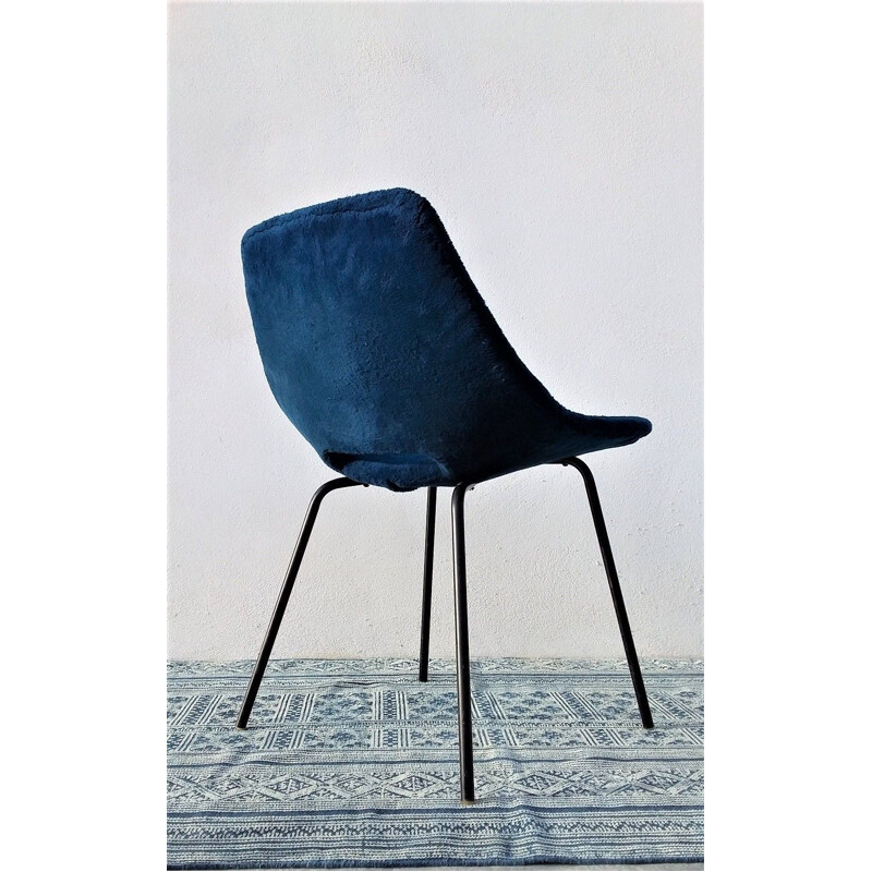 Vintage blue chair "tonneau" by Pierre Guariche for Steiner