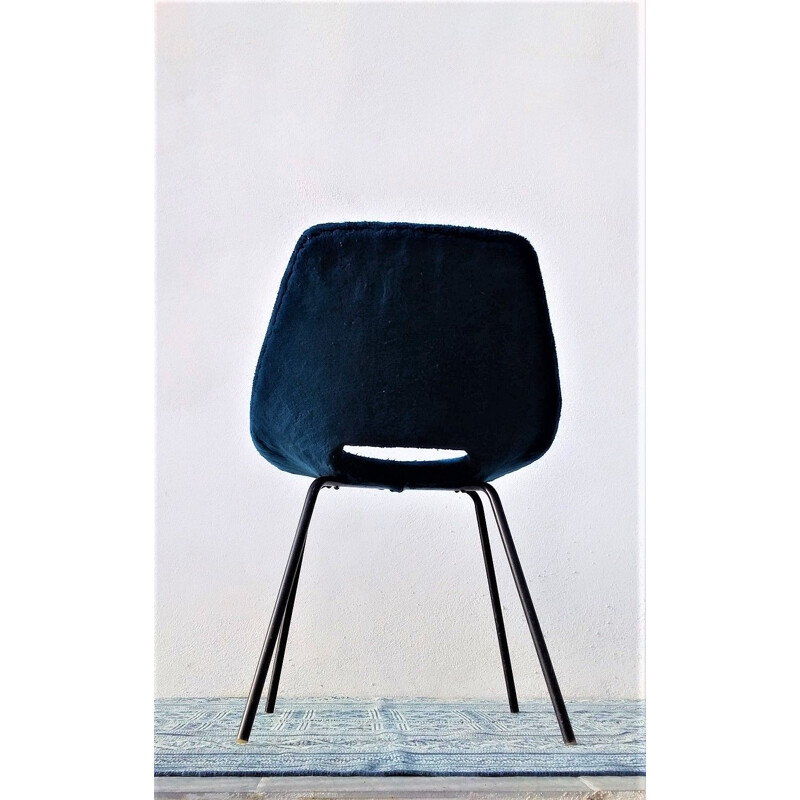 Vintage blue chair "tonneau" by Pierre Guariche for Steiner