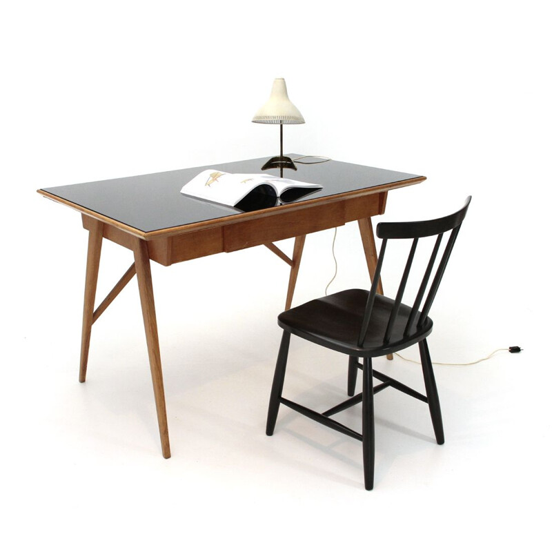 Vintage Italian desk with black glass top