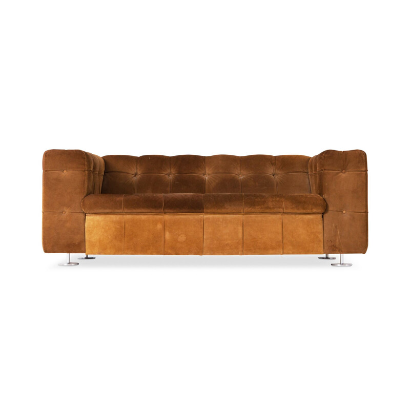Vintage Italian 2-seater sofa in camel suede on chrome feet