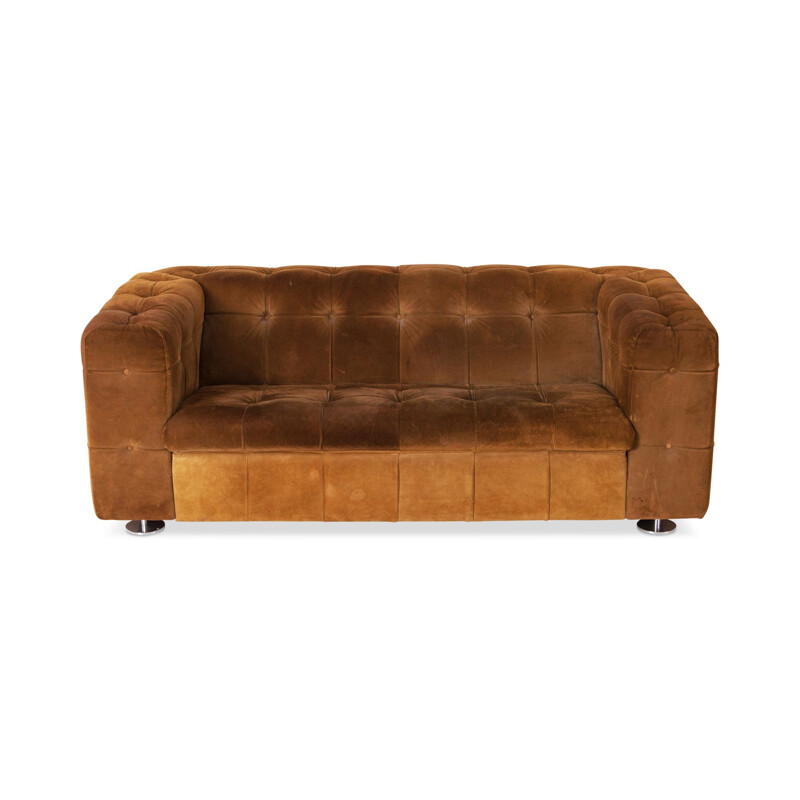 Vintage Italian 2-seater sofa in camel suede on chrome feet
