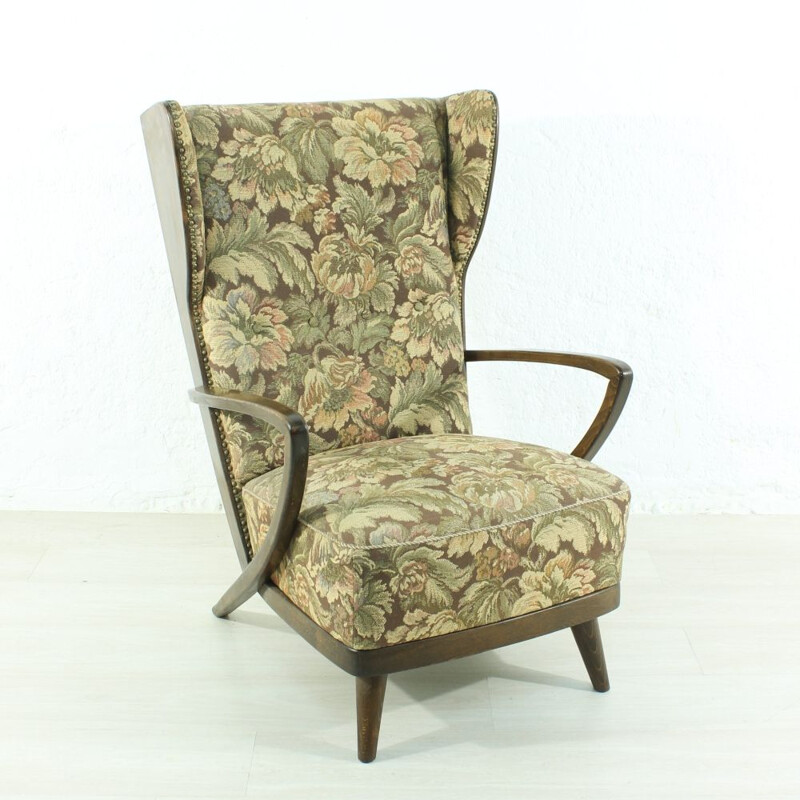 Vintage wingback green armchair in beechwood 1950s