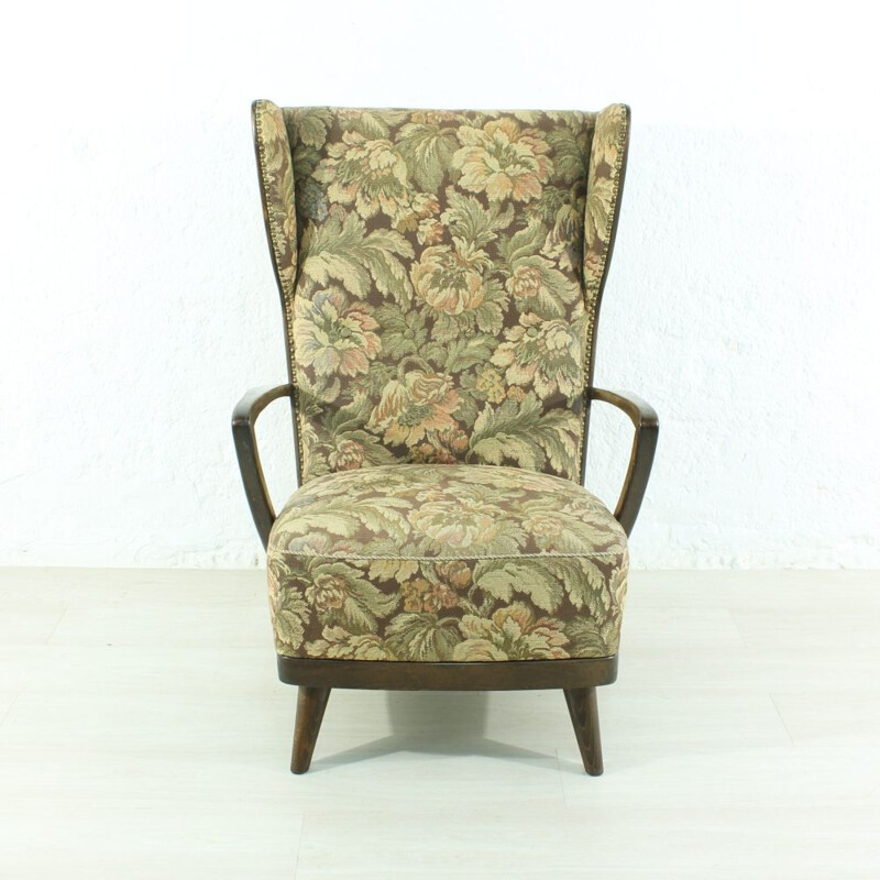 Vintage wingback green armchair in beechwood 1950s