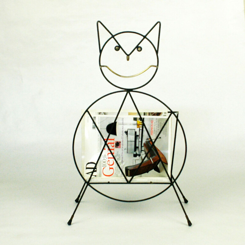 Vintage italian cat magazine rack in iron and brass 1950